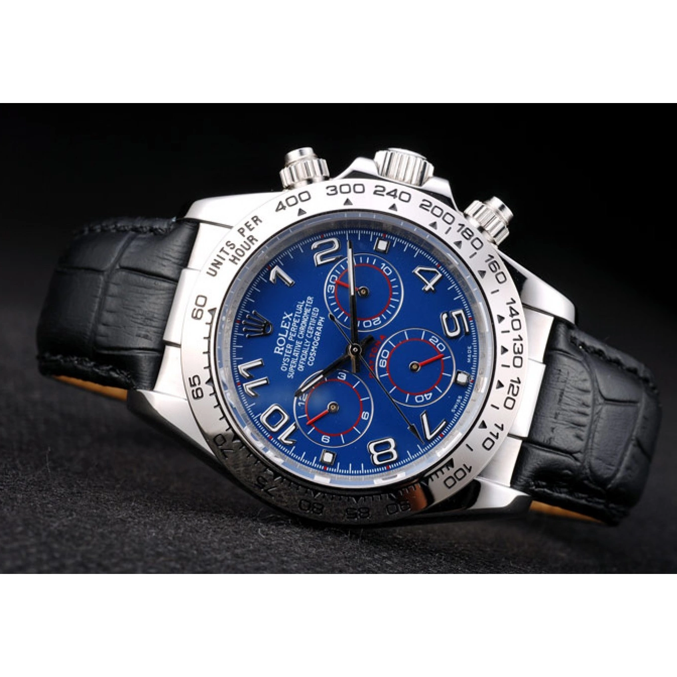 AAA Replica Watches Rolex Black Leather Strap Blue Steel Dial Stainless Case Daytona 0804